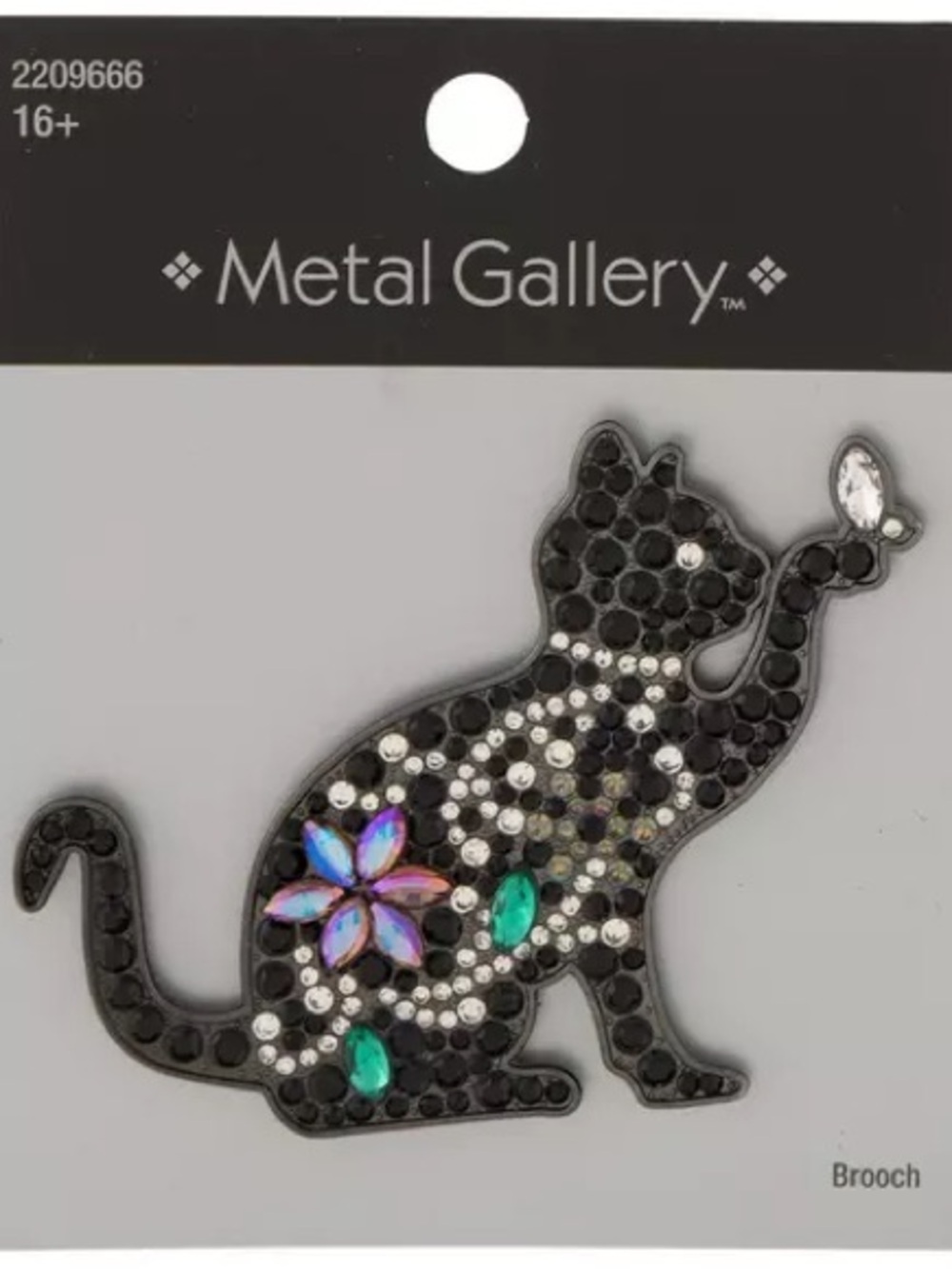 New Metal Gallery Black Cat Brooch with Multicolor Rhinestones